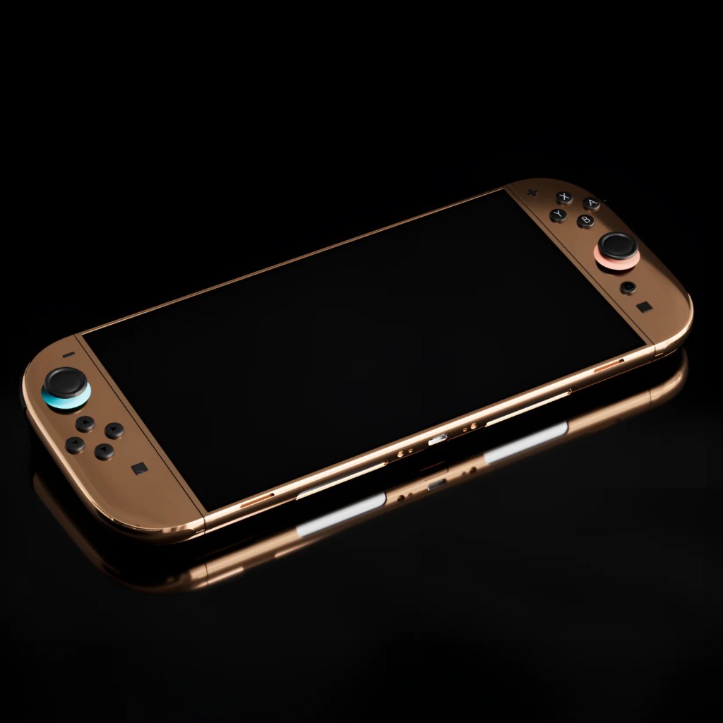 一款鍍金的任天堂遊戲主機，正面顯示按鈕和黑色螢幕，反射在光滑的黑色表面上。
