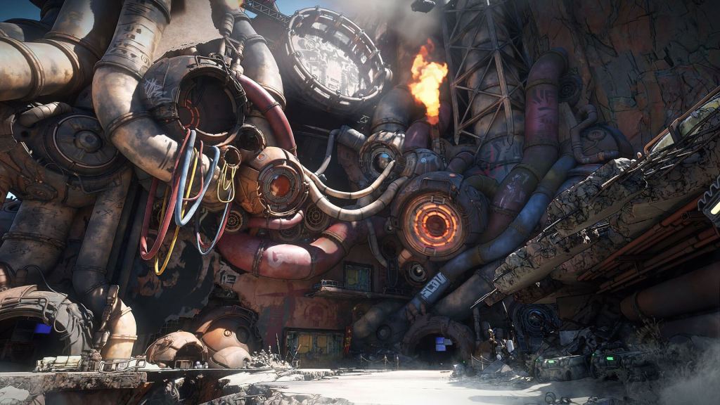 一個充滿管道和機械裝置的工業風格場景，燃燒的火焰從一個裝置中冒出，周圍環繞著破舊的建築和設備。