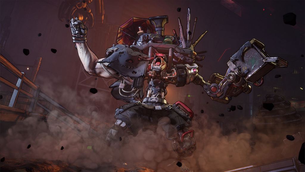 一個角色穿著行戰裝，正以激烈的姿勢揮舞武器，背景有煙霧和破碎的物體，呈現出動感與緊張的場景。