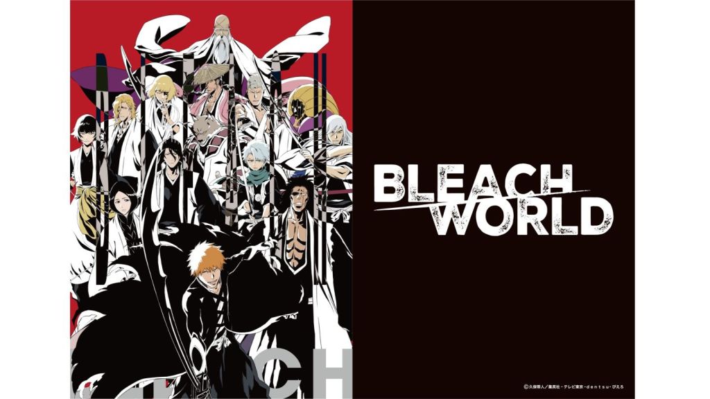An illustration featuring characters from the anime 'BLEACH', showcasing the title 'BLEACH WORLD' prominently in the center with a vibrant red background.