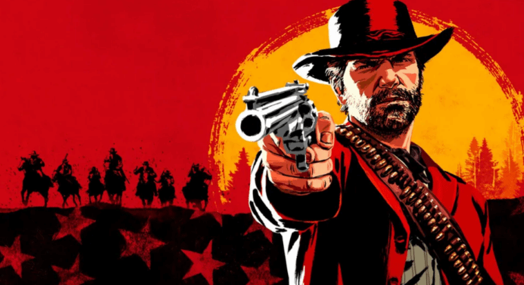 藝術風格的插圖,顯示一名穿著紅色外套的槍手,指著鏡頭,背景是紅色的圓形和暗影中的騎兵。