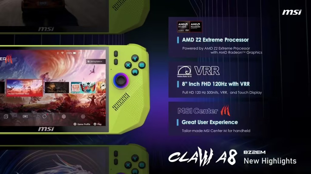 MSI Claw A8 BZ2EM handheld gaming console featuring AMD Z2 Extreme Processor, 8-inch FHD display with VRR, and user-friendly MSI Center M interface.