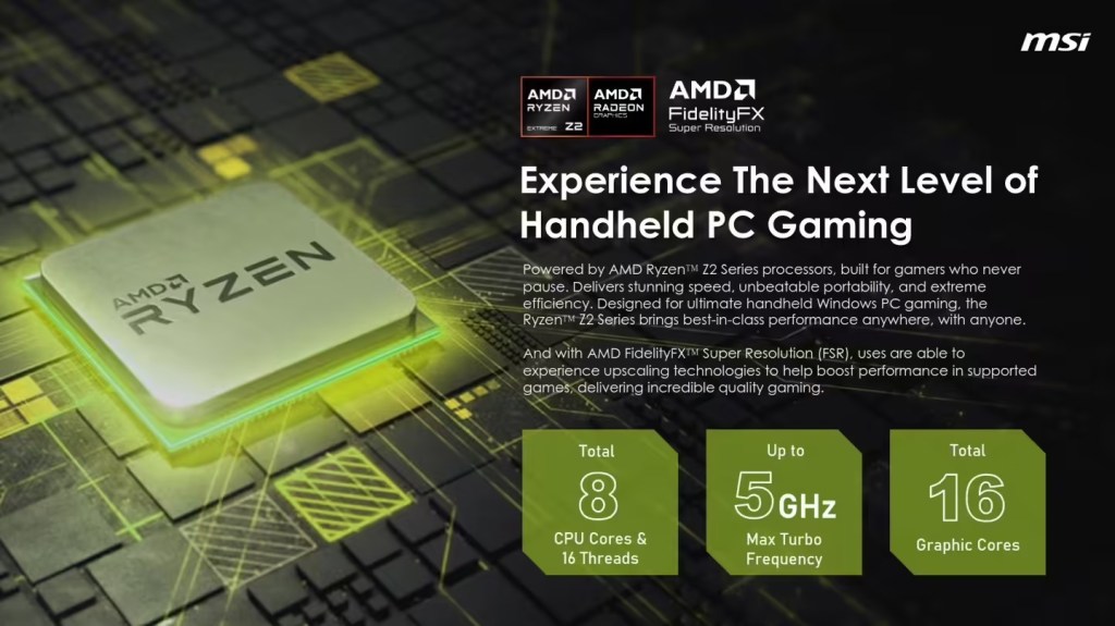 A promotional image featuring the AMD Ryzen Z2 processor, highlighting its features such as CPU cores, threads, maximum turbo frequency, and graphic cores, set against a tech-inspired background.
