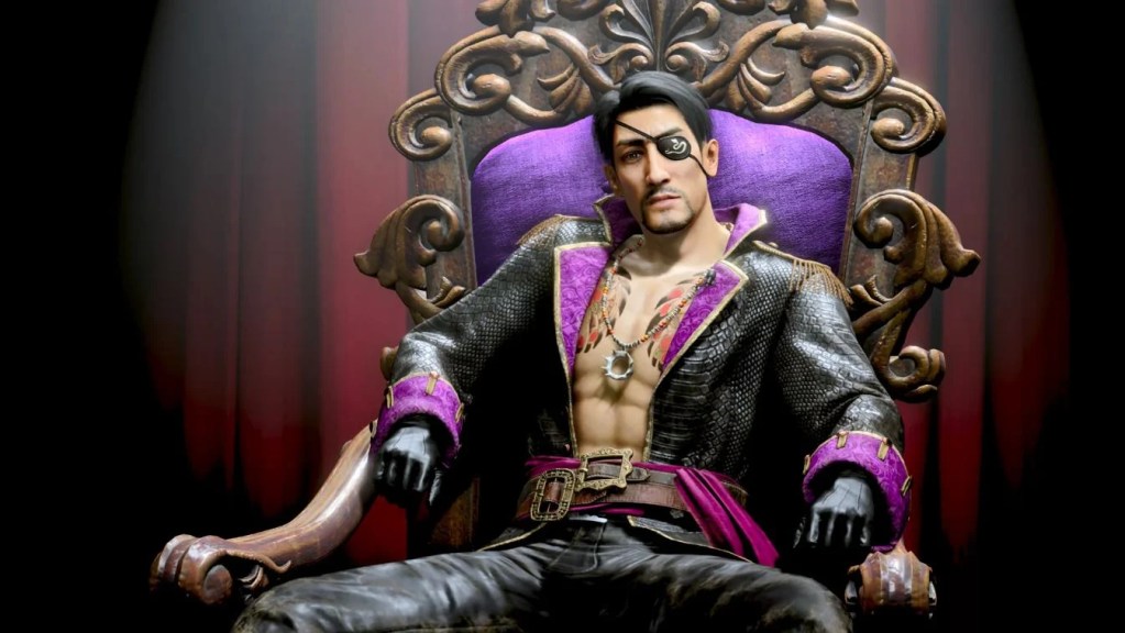 A character from the game 'Yakuza 8: The Hawaii Pirate' sitting on an ornate throne, wearing a purple-trimmed black jacket and an eye patch.
