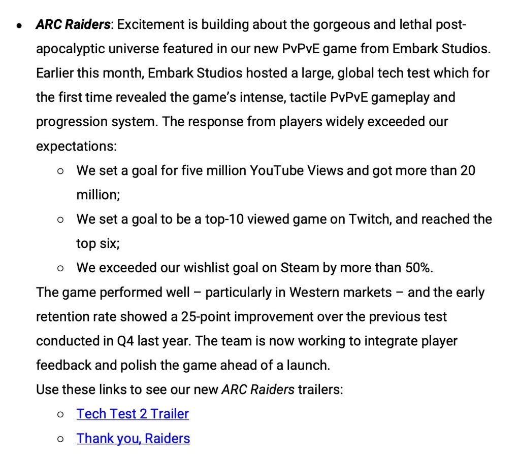 文本描述展示了關於遊戲《Arc Raiders》的技術測試成果和玩家反饋，並提到開發團隊正在根據意見進行遊戲優化。
