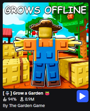 一個綠色的背景中，有一個穿著藍色背帶褲和橙色上衣的卡通角色，佇立在立方體形狀的土地上，旁邊有樹木和花卉。標題顯示「[ ] Grow a Garden」和遊戲評分，呈現出該遊戲的主題和歡樂氛圍。