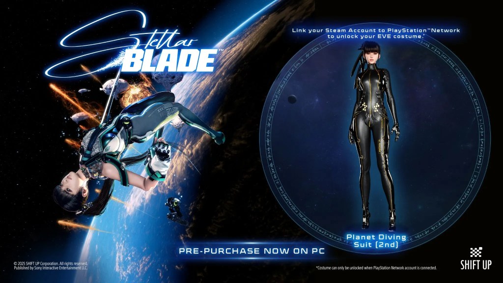 An illustrated promotional image for the game 'Stellar Blade', featuring a character in a futuristic suit in a space setting, with text announcing pre-purchase availability on PC.
