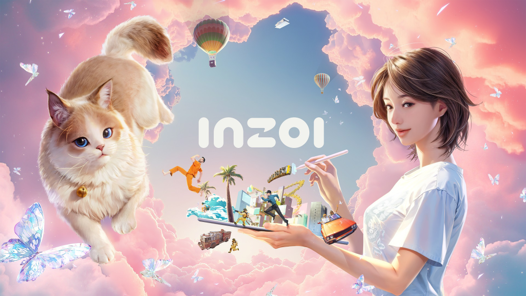 A digital artwork featuring a playful cat and a young woman holding a sushi plate, set against a whimsical cloud background with floating hot air balloons and butterflies. The word 'inZOI' is prominently displayed.