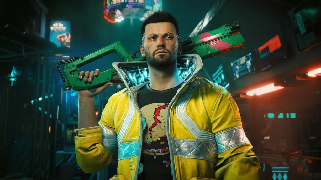 A character from Cyberpunk 2 wearing a bright yellow jacket, holding a futuristic weapon with a green and pink design, with a cyberpunk city background.