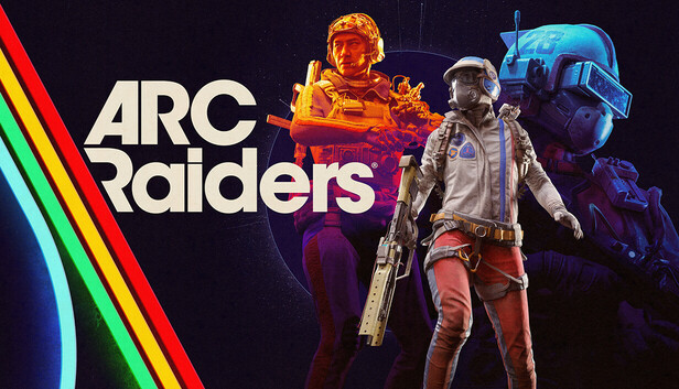 《Arc Raiders》遊戲封面，展示科幻風格的角色與遊戲標題，背景有彩虹色條紋，表現出動感與未來感。