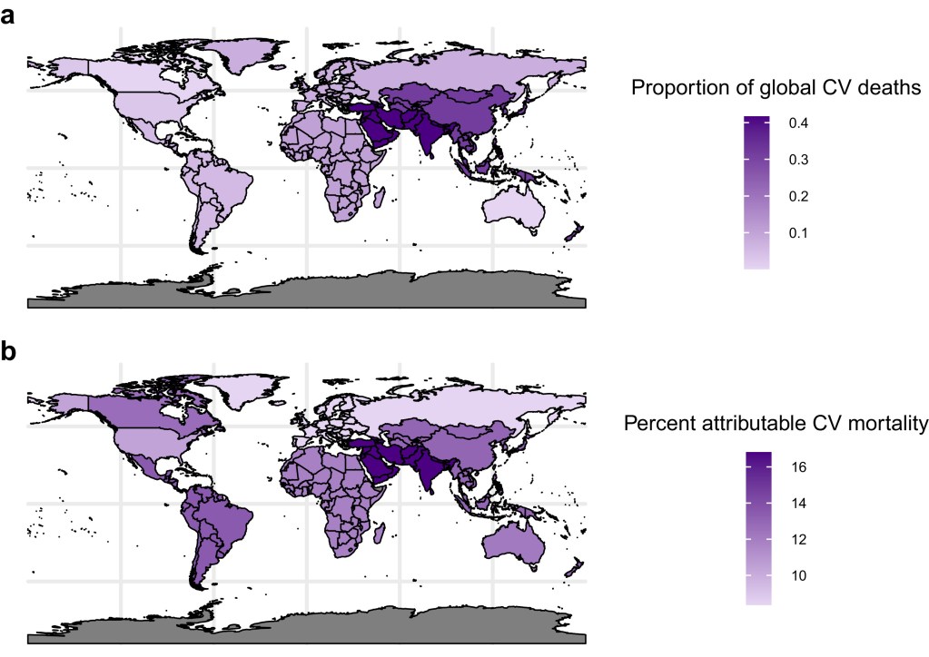 世界各地心血管死亡比例分布圖，顯示不同地區心血管死亡的相對比例。