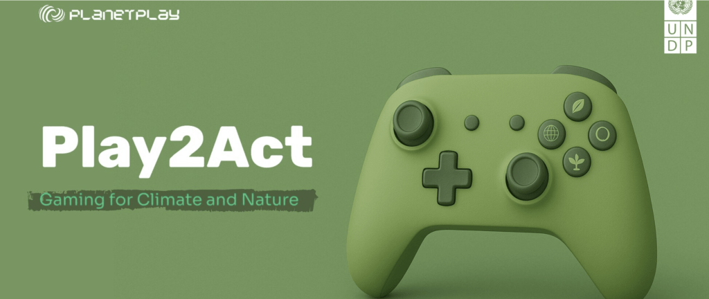 綠色遊戲手柄，標題為'Play2Act Gaming for Climate and Nature'，背景為綠色，彰顯環保主題。