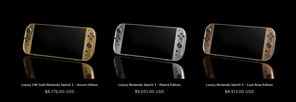 Three luxury editions of the Nintendo Switch 2 displayed: a 24K gold version, a platinum version, and a luxe rose version, each with pricing details below.