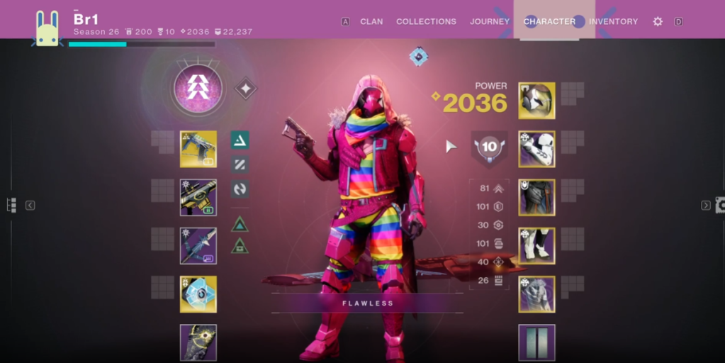 一個穿著彩虹色裝備的遊戲角色，顯示在《天命2》的角色介面上，包括各種武器和角色屬性資訊。