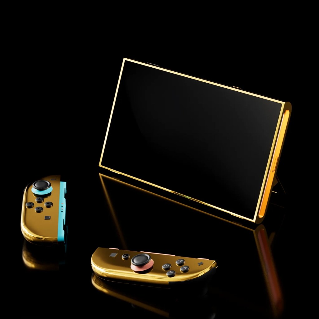 一款鍍金的任天堂NS2遊戲機，搭配金色控制器，屏幕顯示黑色，背景為黑色。