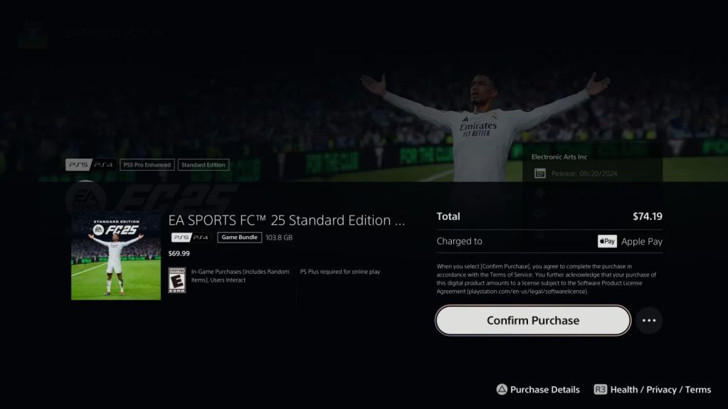 PlayStation 5購物界面,顯示EA SPORTS FC 25的購買總額為74.19美元,選擇使用Apple Pay付款,並有一個確認購買按鈕。