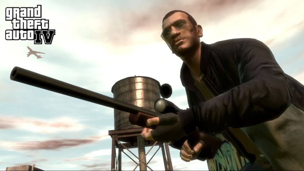 A character holding a rifle in a scene from Grand Theft Auto IV, with a water tower and a plane flying in the background.