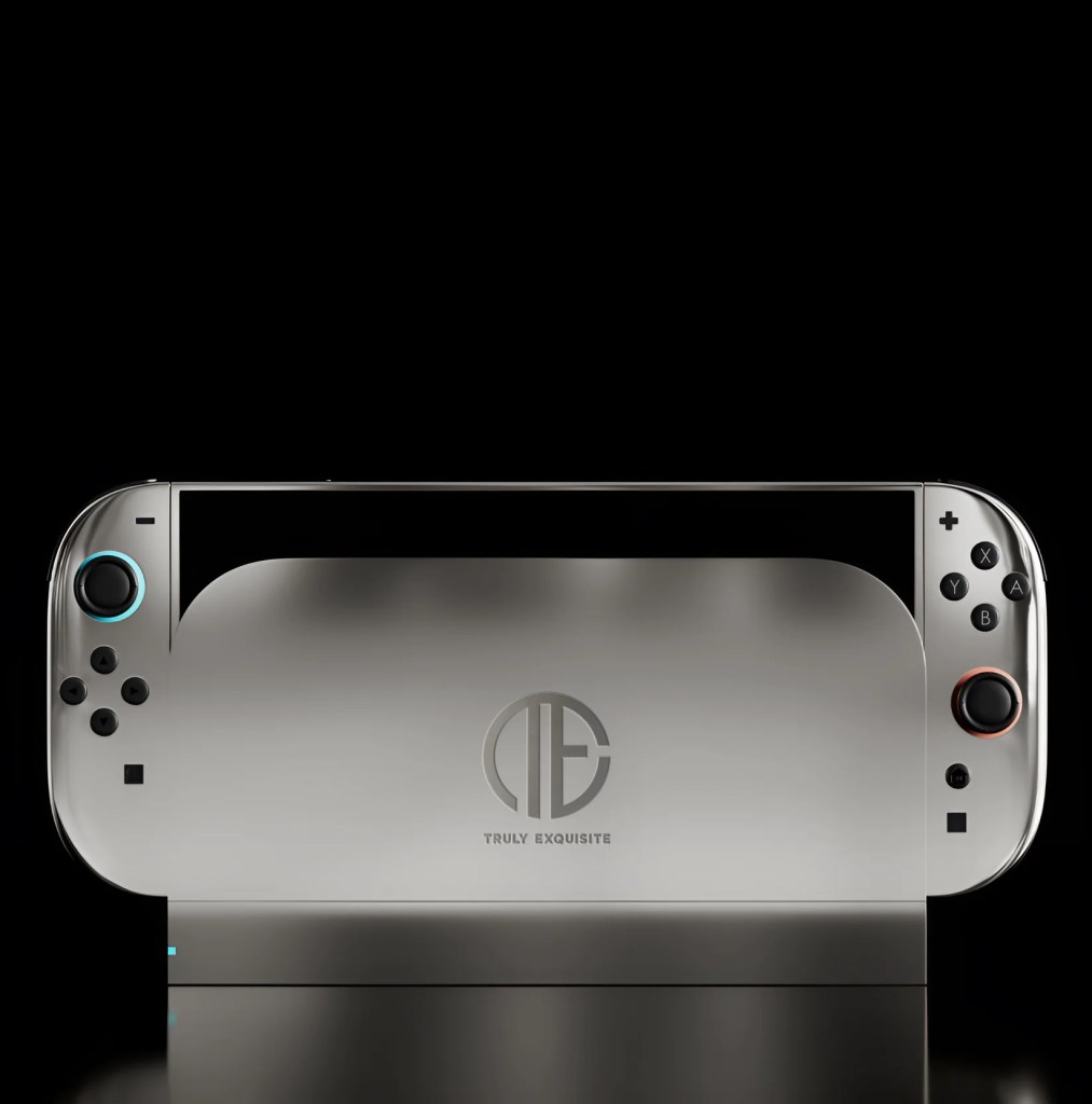 一台奢華鍍金定製版的任天堂遊戲機，正面展示高端設計，背景為黑色。