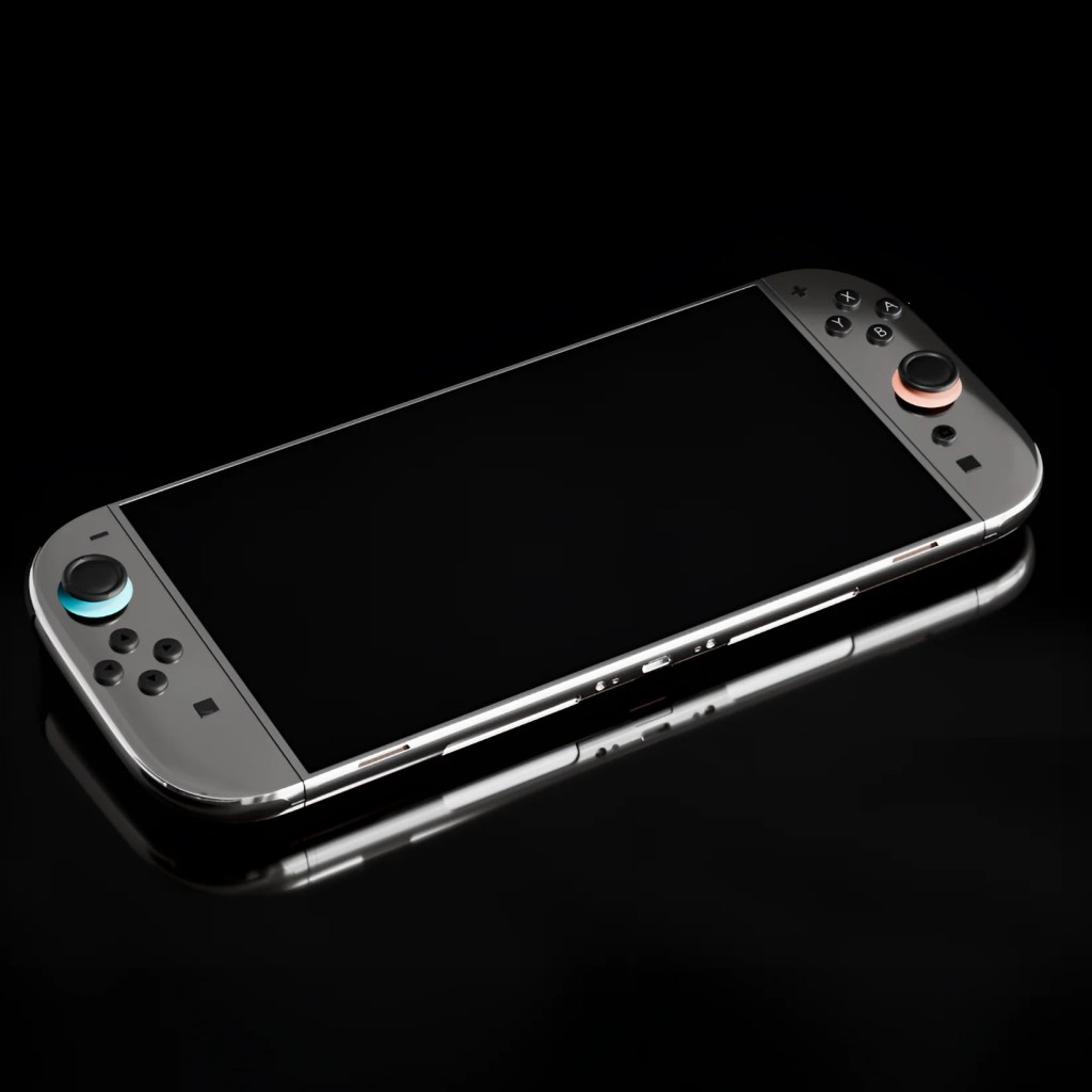 一款新型任天堂Switch手持遊戲機，表面光滑，配有色彩對比的控制器，背景黑色
