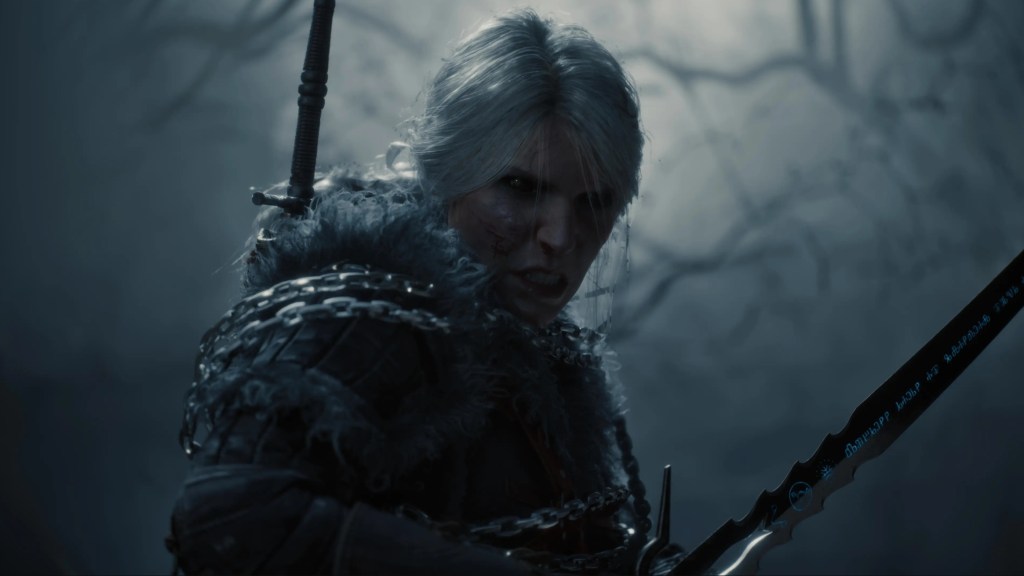 一名擁有白色長髮的女性角色，面帶怒容，身穿重甲，手持劍，背景為暗色調，顯示出一種緊張和激烈的情緒。