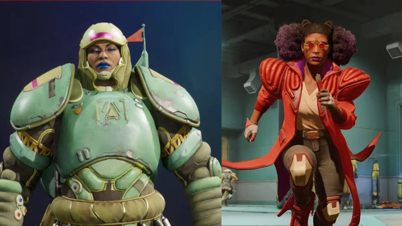 A comparison of two characters from a video game, one wearing green armor and the other in a red outfit with sunglasses.
