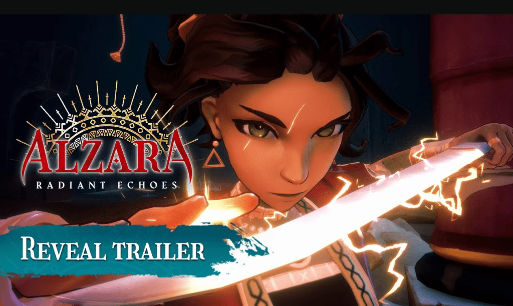 遊戲《Alzara: Radiant Echoes》的宣傳圖片，展現了主角手持閃電包圍的劍，充滿動感的姿勢，以及遊戲標題和預告片文字。