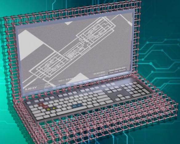 一台用二維材料製成的電腦概念圖,屏幕上顯示電路圖,外框由金屬網格結構組成,背景為科技風格的圖案