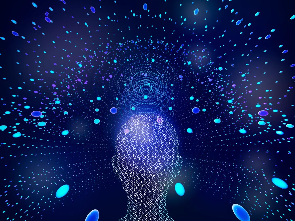 一幅描繪頭部剪影的數字藝術作品，背景由藍色和紫色的珠點構成，呈現出一種科技感和思維流動的氛圍。