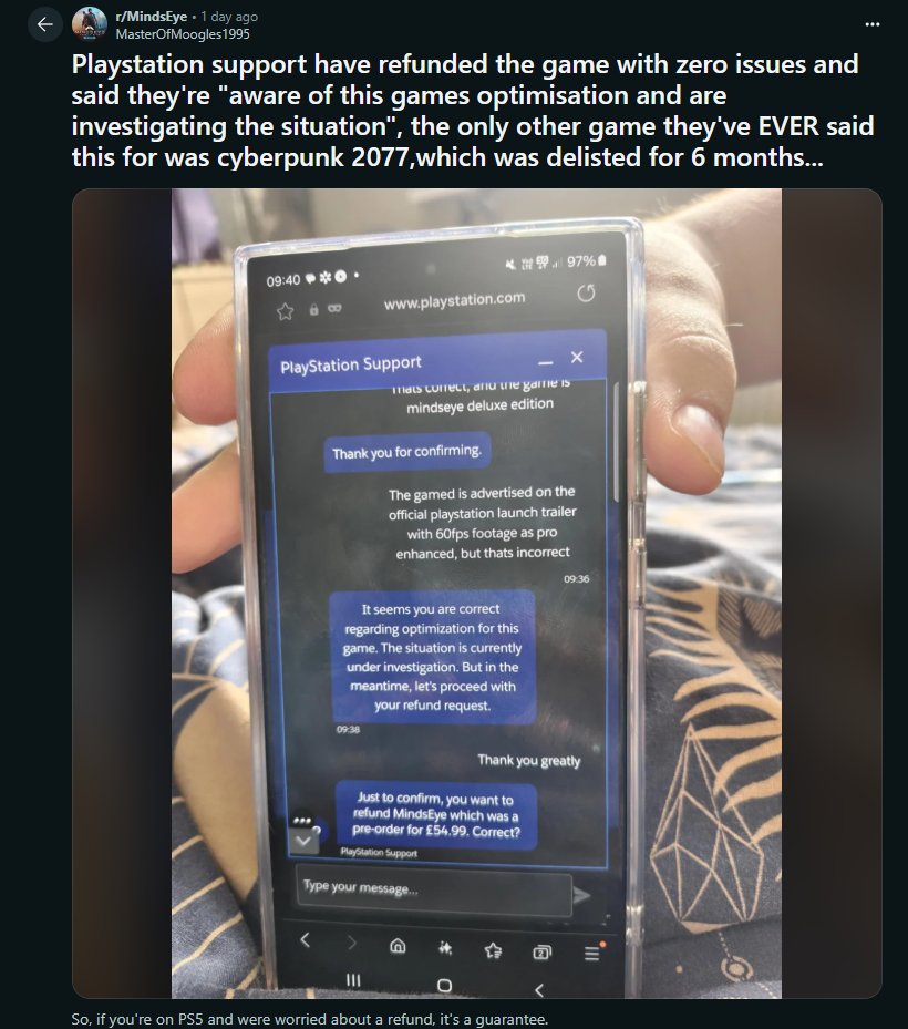 A screenshot of a phone conversation with PlayStation Support addressing a refund request for the game 'MindsEye', discussing optimization issues and confirming the refund process.