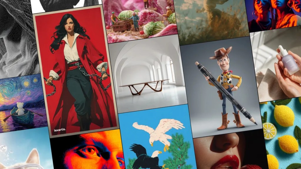 一個包含多種創意圖像的拼貼，包括人物插圖、自然景觀和物品，展示了生成藝術的多樣性。