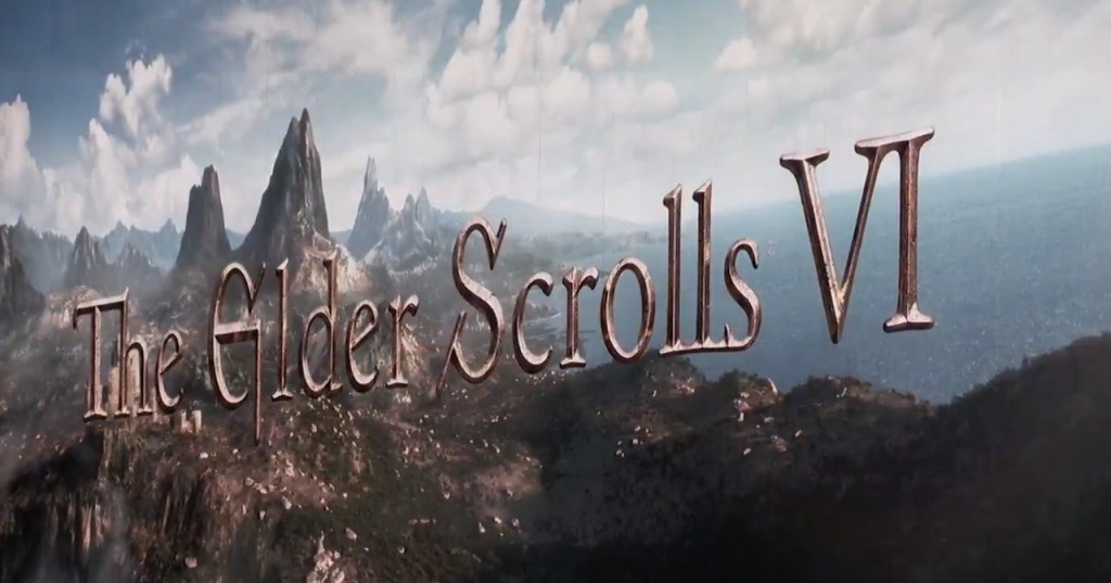 《上古卷軸 VI》的標題出現在壯麗的山脈和天空背景前。