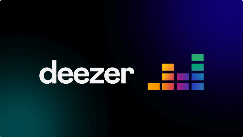 Deezer logo on a gradient background featuring colorful sound wave graphics.