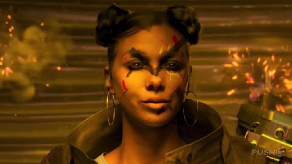 遊戲角色面對鏡頭，表情堅定，面部有藝術化的紋路，背景中有爆炸效果