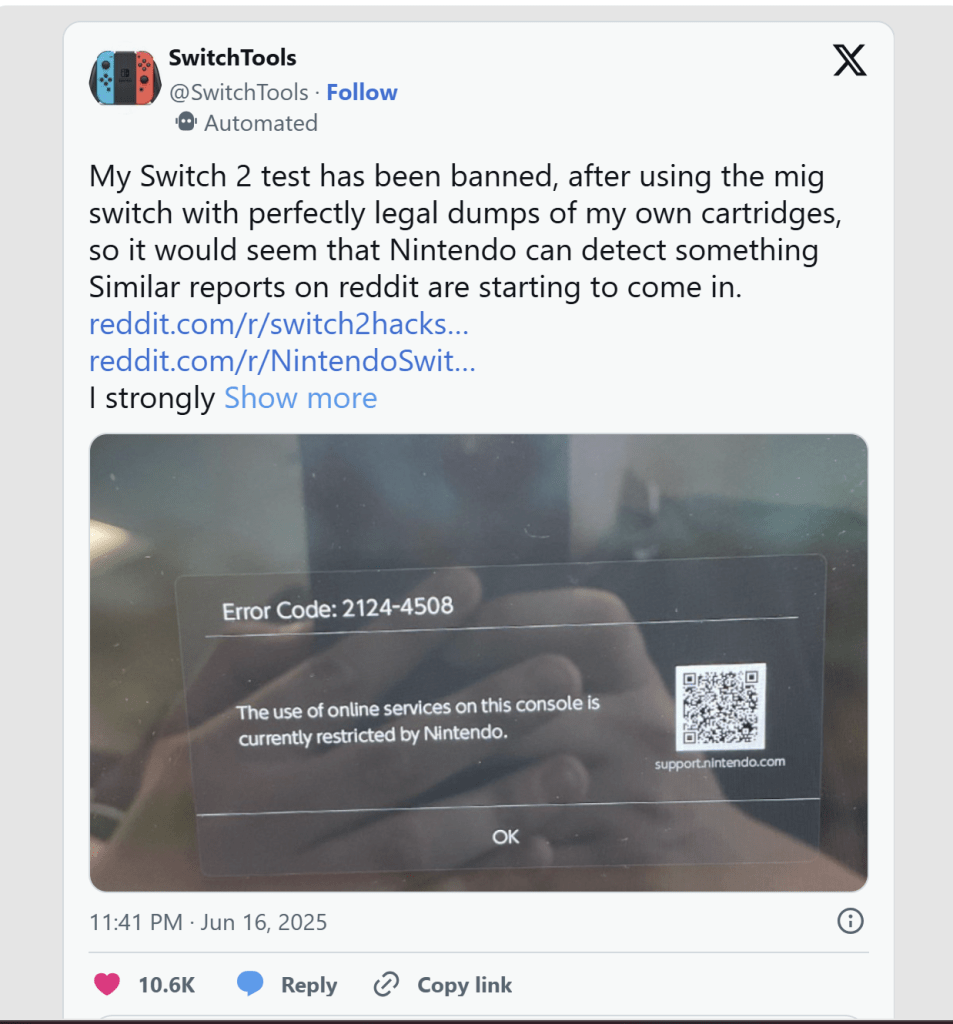 顯示Nintendo Switch的螢幕訊息，顯示錯誤代碼2124-4508和一則關於線上服務被限制的通知。