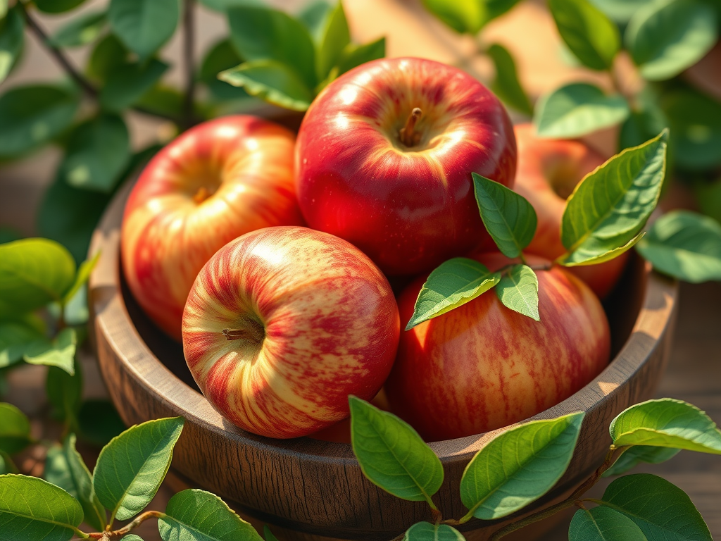 一碗紅色的蘋果，周圍有綠色的葉子，光線柔和，呈現自然的水果擺放