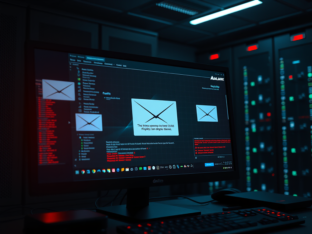 A computer screen displaying a hacking interface with email icons and warning messages about phishing attacks, set in a dimly lit server room.