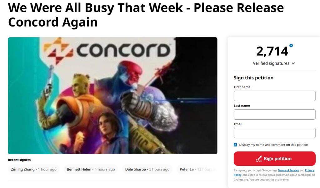 請願書標題為《我們那週忙碌 - 請重發Concord》,顯示遊戲角色的插圖和已簽署人數,強調玩家對《星鳴特攻》的期待。