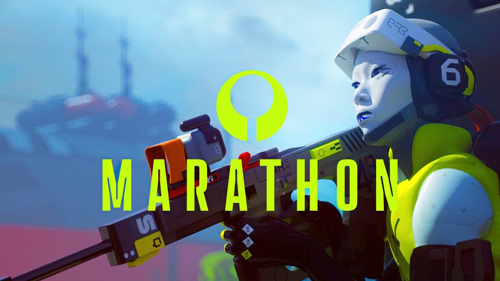 A stylized artwork featuring a futuristic character with a rifle, set against a blurred sci-fi background. The word 'MARATHON' is prominently displayed in bold letters.