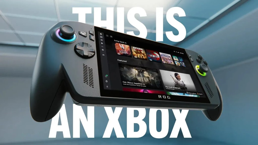 一台ROG Xbox Ally掌機,顯示著遊戲界面,配有多個控制按鈕,背景為簡約室內環境。