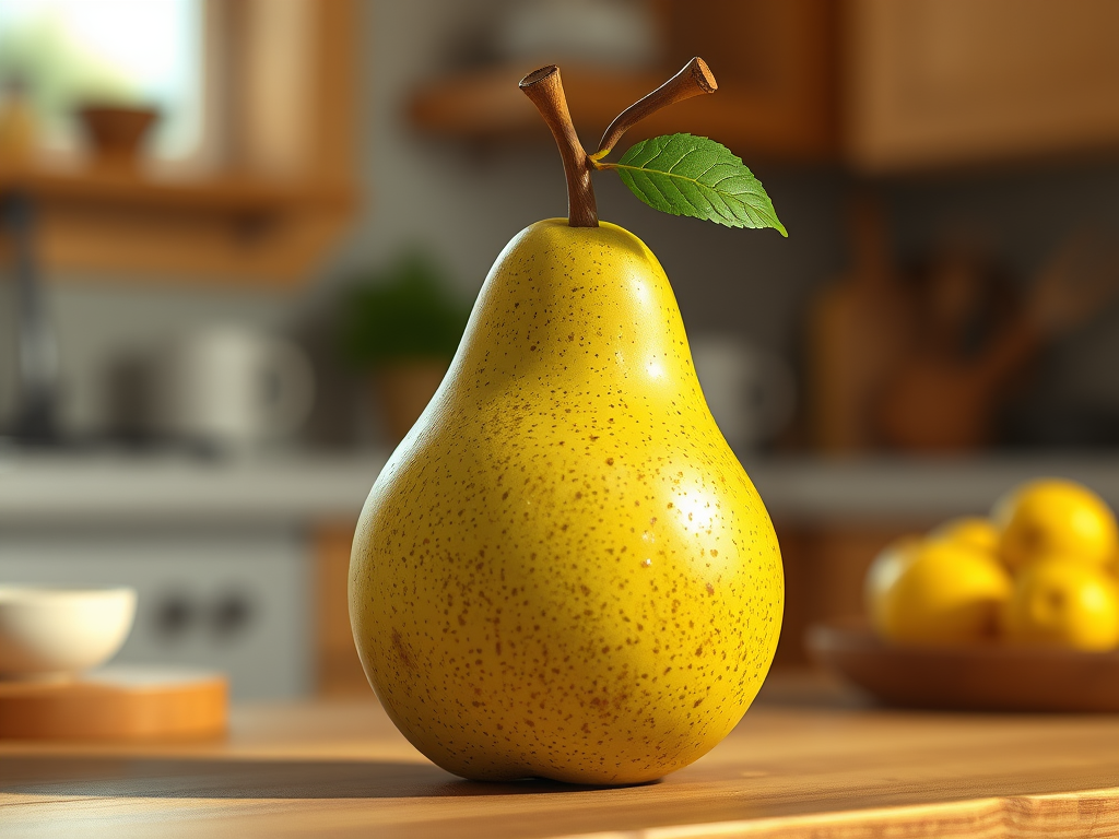 一顆成熟的黃梨放置在木桌上，背景模糊顯示一個廚房環境，附近有其他水果和餐具。