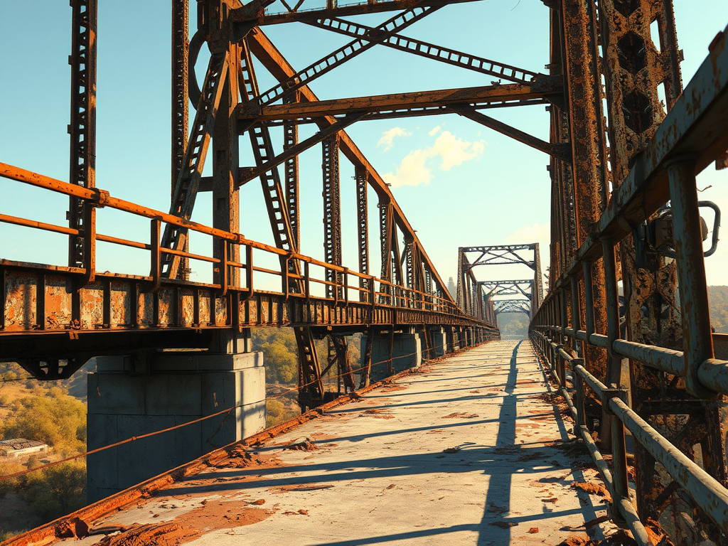 一座老化的鐵橋，顯示出嚴重的鏽蝕和磨損，背景為藍天和綠色樹木。