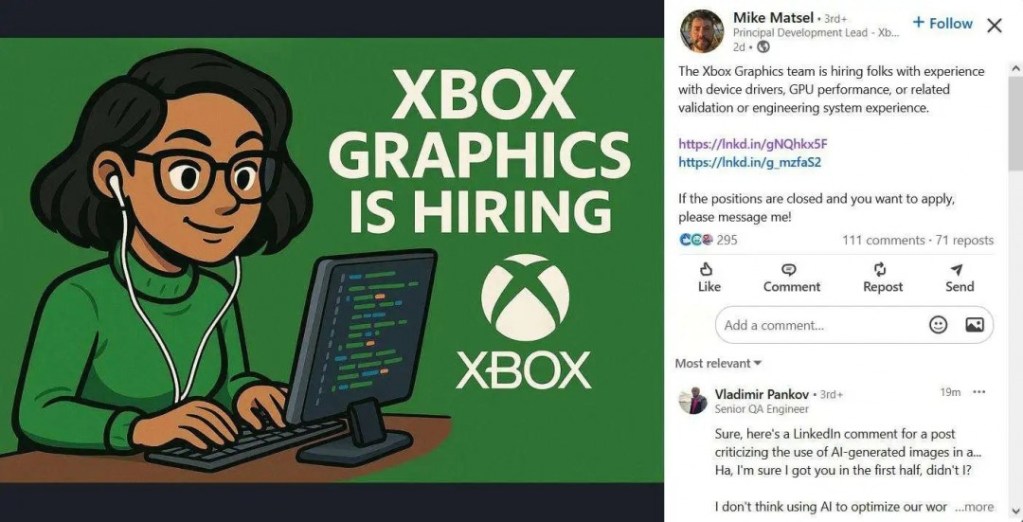 一位女性工程師正在電腦前工作，耳朵上戴著耳機，顯示器上顯示著代碼，背景是綠色，包含"XBOX GRAPHICS IS HIRING"的文字。