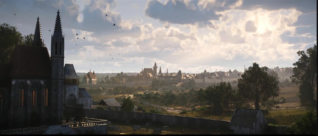 一個美麗的中世紀城鎮景觀，遠處可見教堂尖塔和村莊，周圍環繞著樹木和田野，天空中飄著白雲，顯示出寧靜的氣氛。