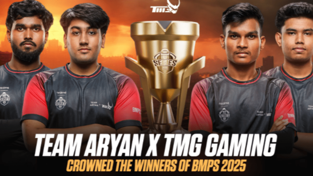 四名選手身穿黑紅戰隊服，站在獎盃前，標題顯示「TEAM ARYAN X TMG GAMING CROWNED THE WINNERS OF BMPS 2025」。