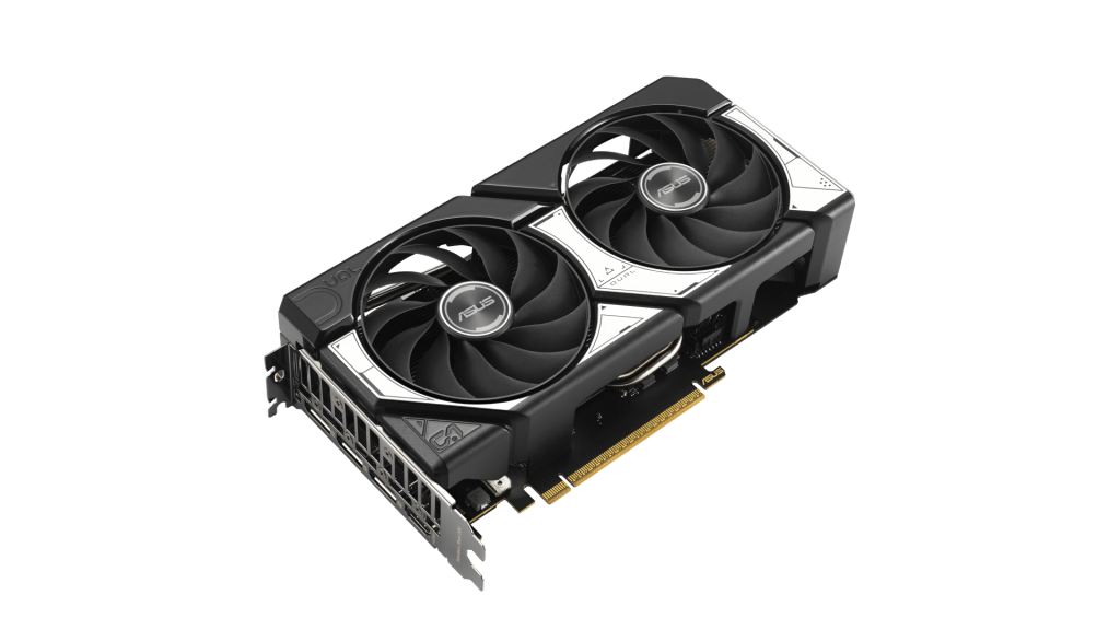 ASUS顯示卡，配備雙風扇設計，側視圖展示其顯示端口和散熱系統。