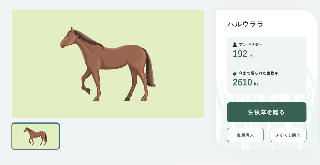 一幅展示角色春烏菈菈的插圖，背景為淺綠色，展現這隻擬人化賽馬的形象，右側顯示她的粉絲數和捐贈的牧草數據，還有贈送牧草的按鈕。