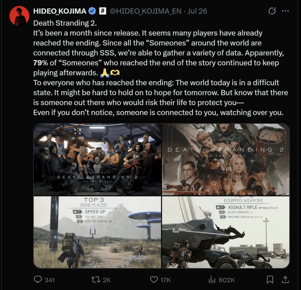 Screenshot of a tweet by Hideo Kojima discussing player engagement and statistics for 'Death Stranding 2', featuring images of characters from the game and gameplay data.