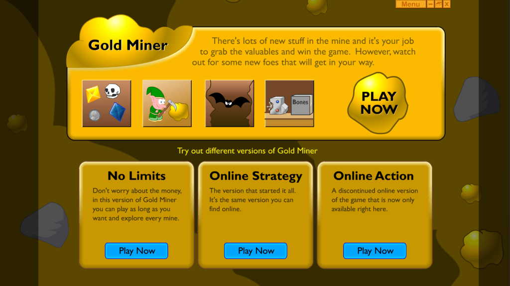 A screenshot of the 'Gold Miner' game interface displaying various game modes and instructions. The layout includes icons representing collectibles and a 'Play Now' button, set against a mining-themed background.