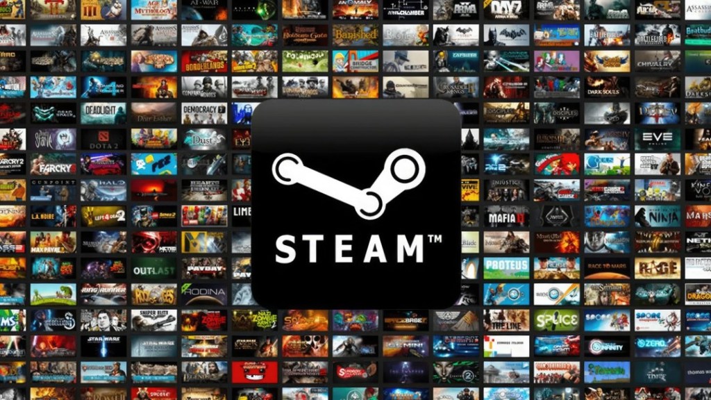 Steam logo over a collage of various video game covers