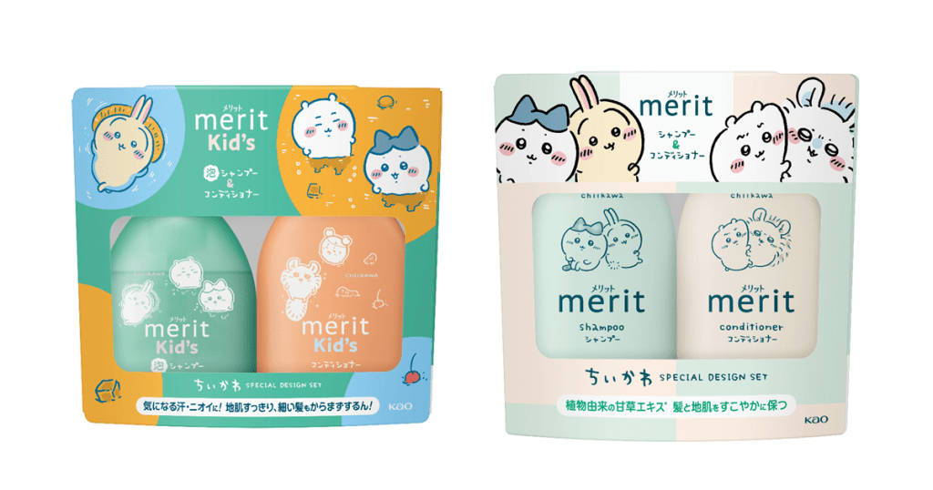 一組包含兒童用和成人用的吉伊卡哇主題洗髮精和護髮素套裝，設計可愛，瓶身印有角色卡通圖案，顏色清新。